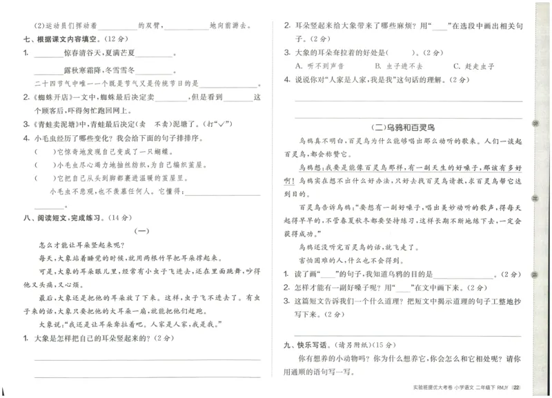 《实验班提优大考卷》语文2年级下册（RJ）_二年级上下册资料_小学二年级学习资料-25年更新版_2-02、小学二年级语文下册_2-2-2、练习题、作业、试题、试卷_电子册类