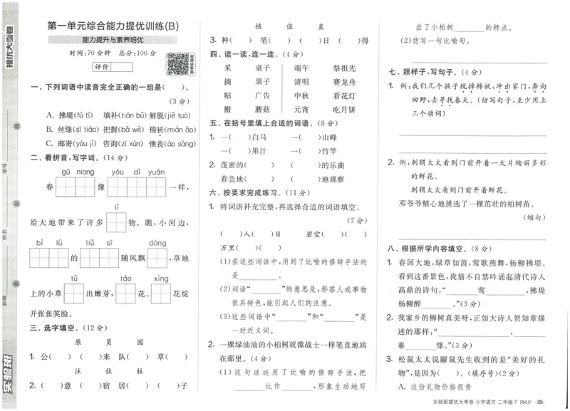 《实验班提优大考卷》语文2年级下册（RJ）_二年级上下册资料_小学二年级学习资料-25年更新版_2-02、小学二年级语文下册_2-2-2、练习题、作业、试题、试卷_电子册类