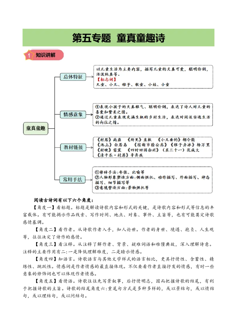 第五专题童真童趣诗小学语文古诗词专项训练（统编版）（教师版）-23页_一年级语文上册（统编版）_古诗词_2024年秋季念念不忘版