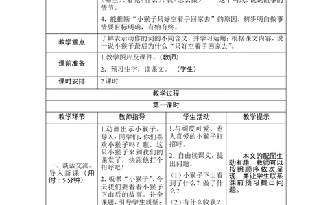 18《小猴子下山》导学案_一年级语文下册（统编版）_老课标资料_教案反思+导学案_表格式_1版表格式导学案
