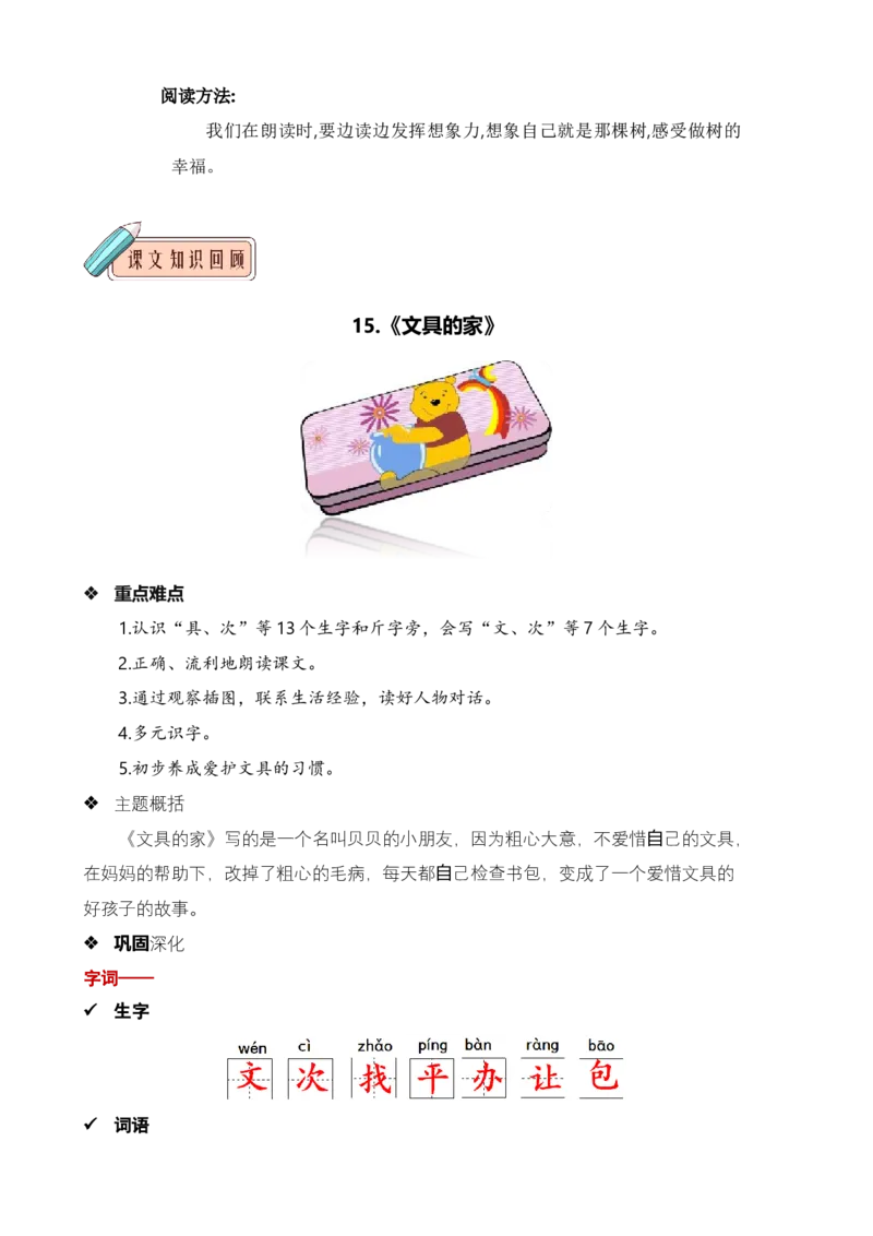 第七单元知识清单语文一年级下册（统编版）_一年级语文下册（统编版）_单元知识复习专项_2024版