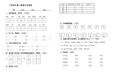 一年级语文下册期中测试卷_1_一年级语文下册（统编版）_老课标资料_一下语文含教学视频_第一套_009-试题试卷word版可下载打印_部编一年级期中复习和试卷
