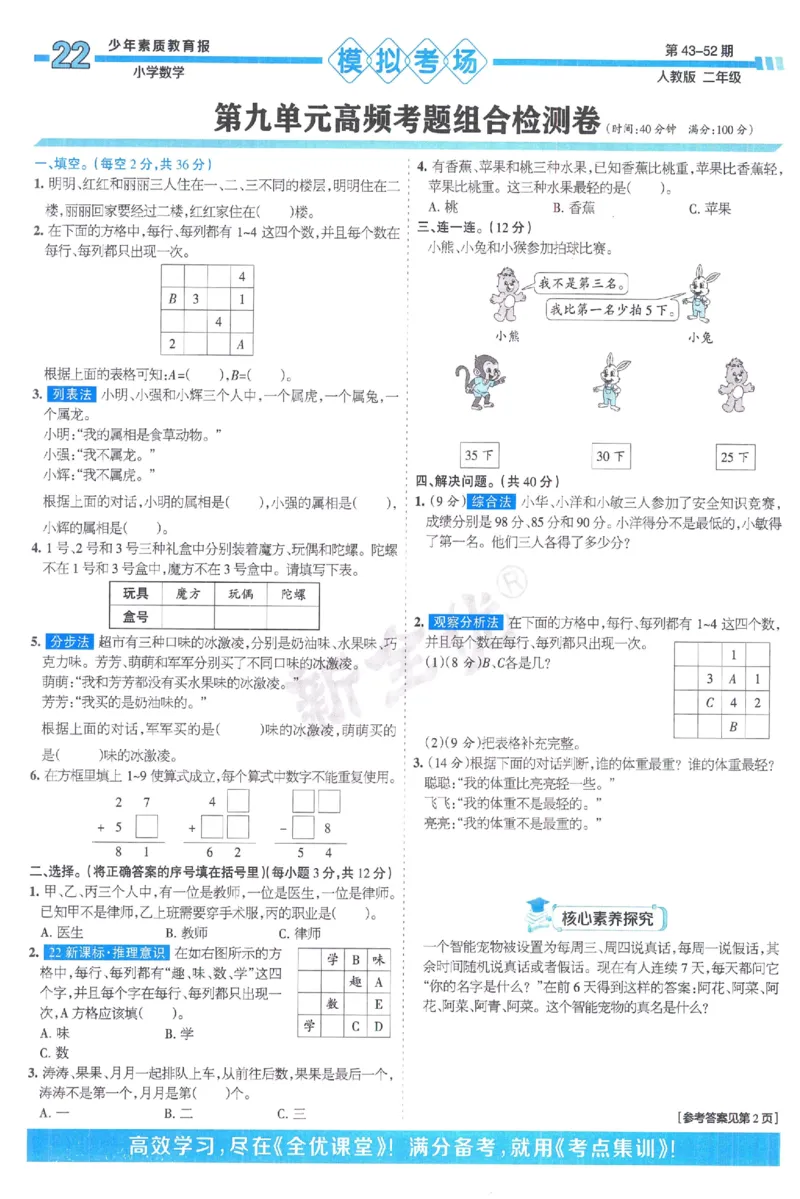 《少年素质教育报》15天满分备考-24春数学2年级下册（RJ）_二年级上下册资料_小学二年级学习资料-25年更新版_2-04、小学二年级数学下册_2-4-2、练习题、作业、试题、试卷_人教版_电子册类