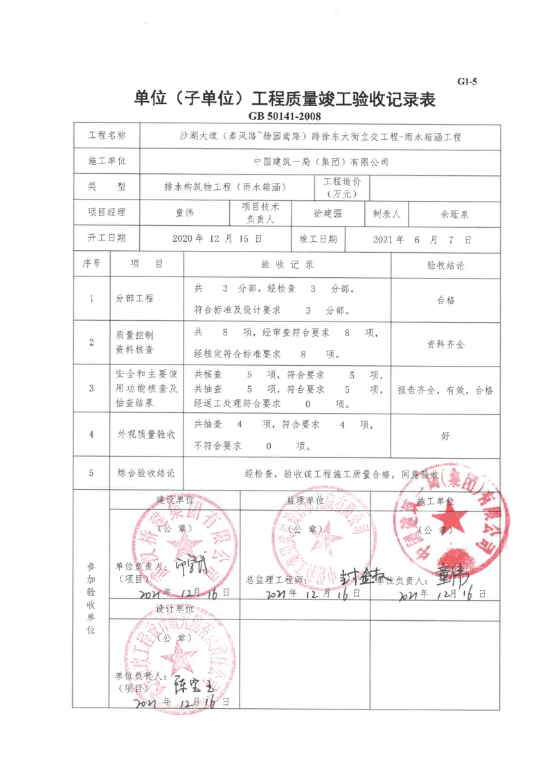 沙湖大道雨水箱涵单位工程质量验收记录_2021-2023年优秀施组方案_施工组织设计_施组06-沙湖大道项目施工组织设计_单位工程竣工验收记录表