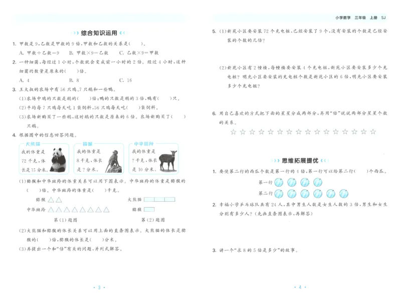 2025秋53单元归类复习数学3上SJ_25秋小学语数英习题试卷_数学_苏教版_53归类复习完整版数学苏教25年上册
