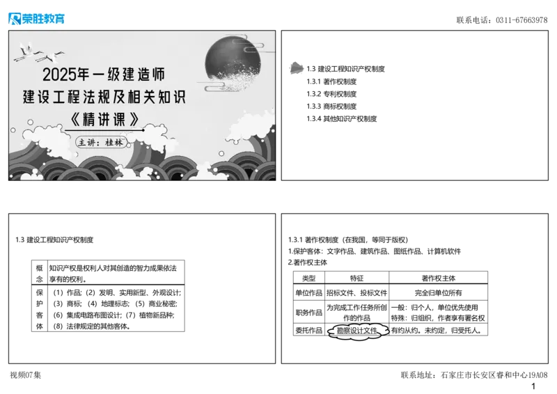 视频07集1.3建设工程知识产权制度（可打印版）_2026年一建法规_2025年一建法规SVIP_02-基础精讲✿高端面授✿深度强化_12-法规《教材精讲班》桂林RS_讲义