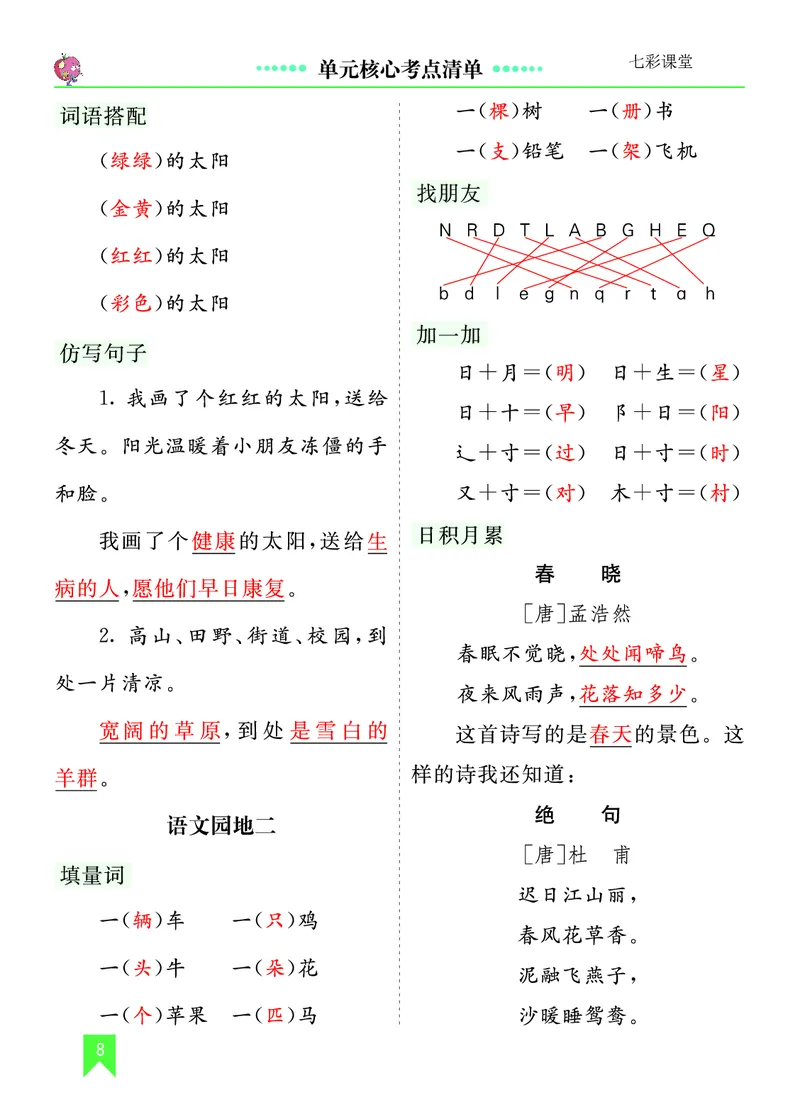 第二单元核心考点清单_一年级语文下册（统编版）_老课标资料_一年级下册全套课件资料_2.第二单元_单元复习_第二单元知识小结