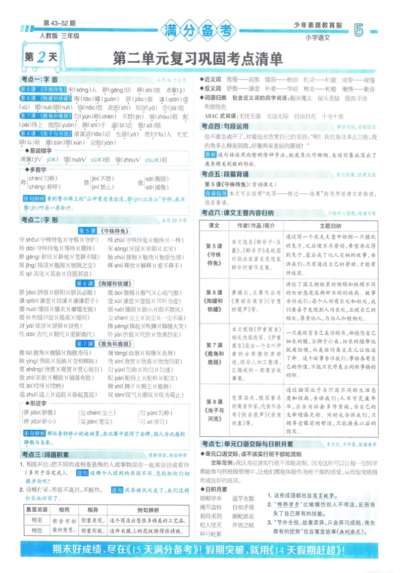《少年素质教育报15天满分备考》24春语文3年级下册（RJ）_三年级上下册资料_小学三年级学习资料-25年更新版_3-02、小学三年级语文下册_3-2-2、练习题、作业、试题、试卷_电子册类