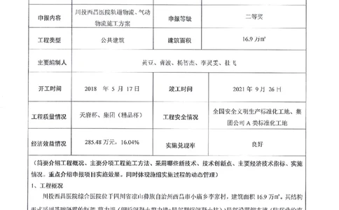 申报表签字盖章扫描件&mdash;&mdash;川投西昌医院轨道物流、气动物流施工方案_2021-2023年优秀施组方案_施工方案_方案31-川投西昌医院轨道物流、气动物流方案_2-优秀施工方案申报表