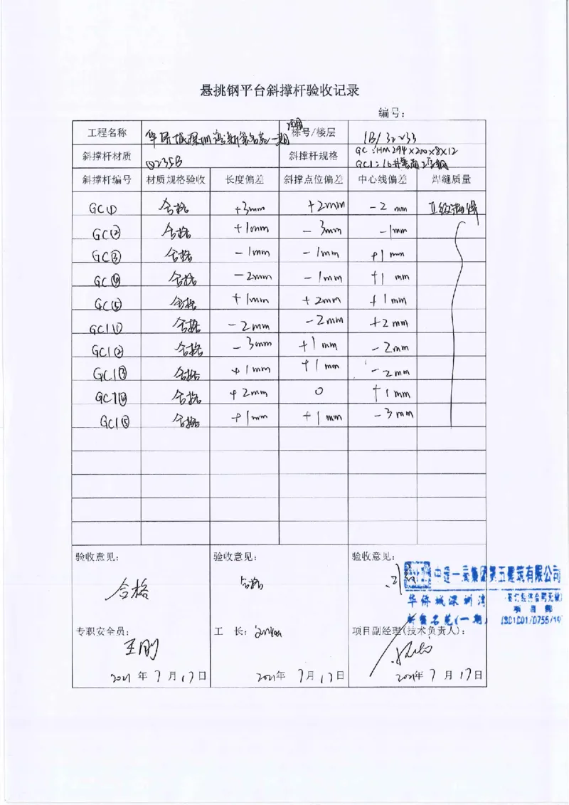 悬挑钢平台隐蔽验收记录_2021-2023年优秀施组方案_施工方案_方案14-华侨城深圳湾新玺名苑一期项目&mdash;临海超高层主楼悬挑结构超限构件盘扣式模板支撑架专项施工方案_2验收及照片