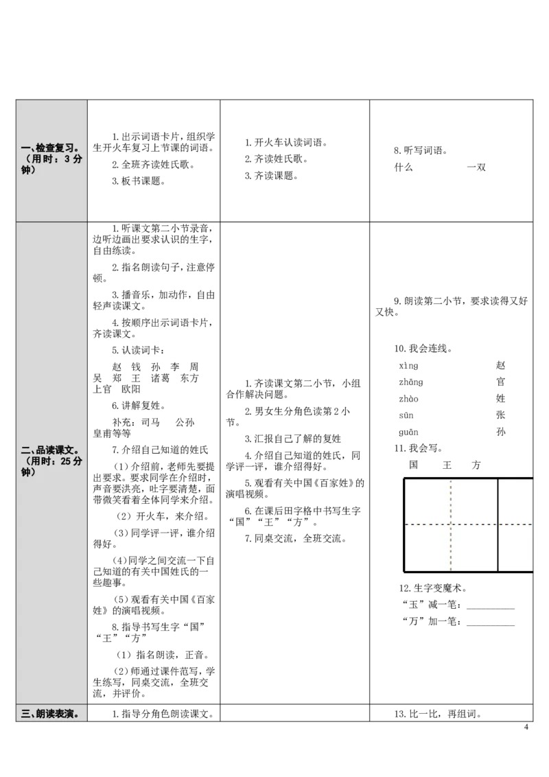2.姓氏歌_一年级语文下册（统编版）_老课标资料_教案反思+导学案_表格式_2版表格式导学案_第一单元