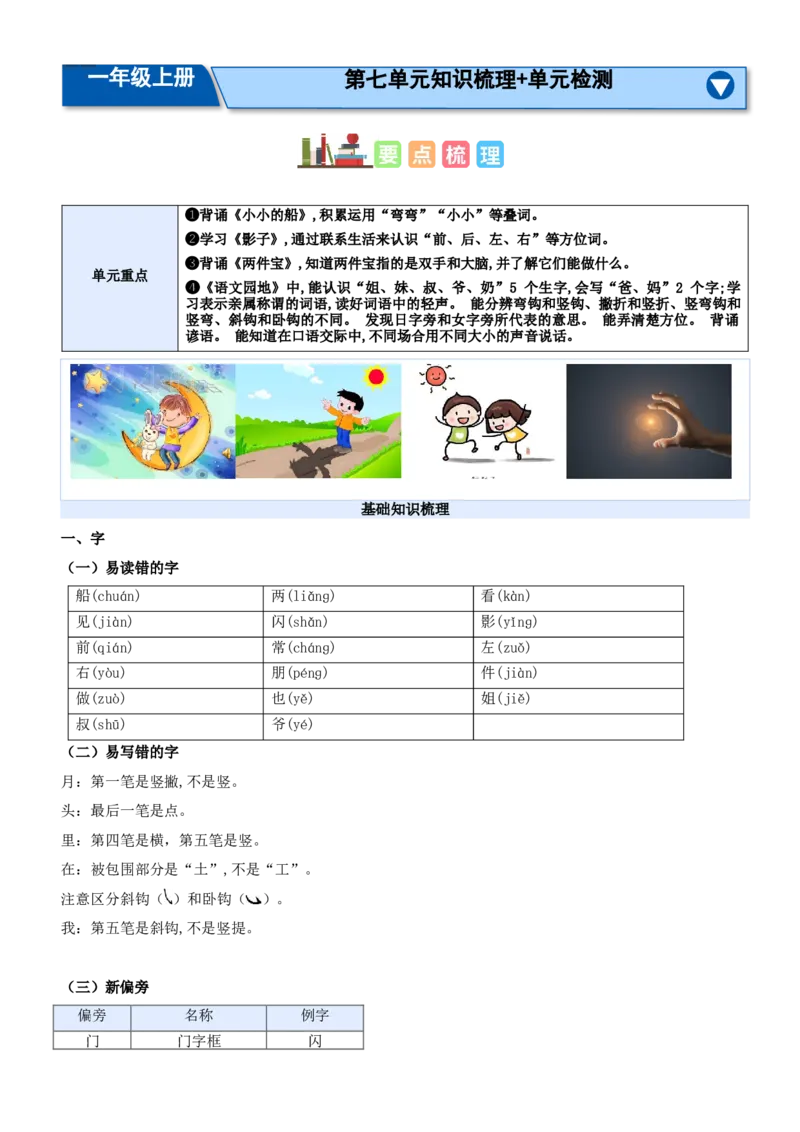 第七单元（知识清单）-（统编版&middot;2024秋）_一年级语文上册（统编版）_期末总复习
