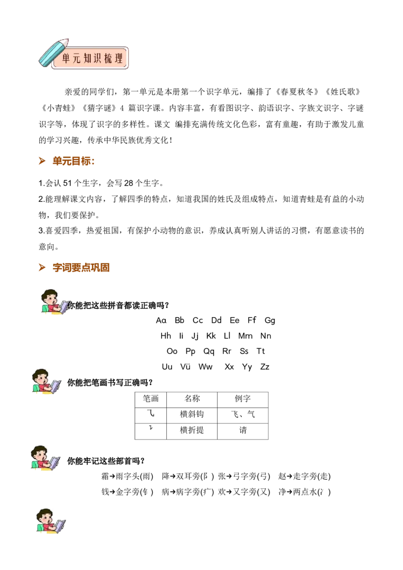 第一单元知识清单语文一年级下册（统编版）_一年级语文下册（统编版）_单元知识复习专项_2024版