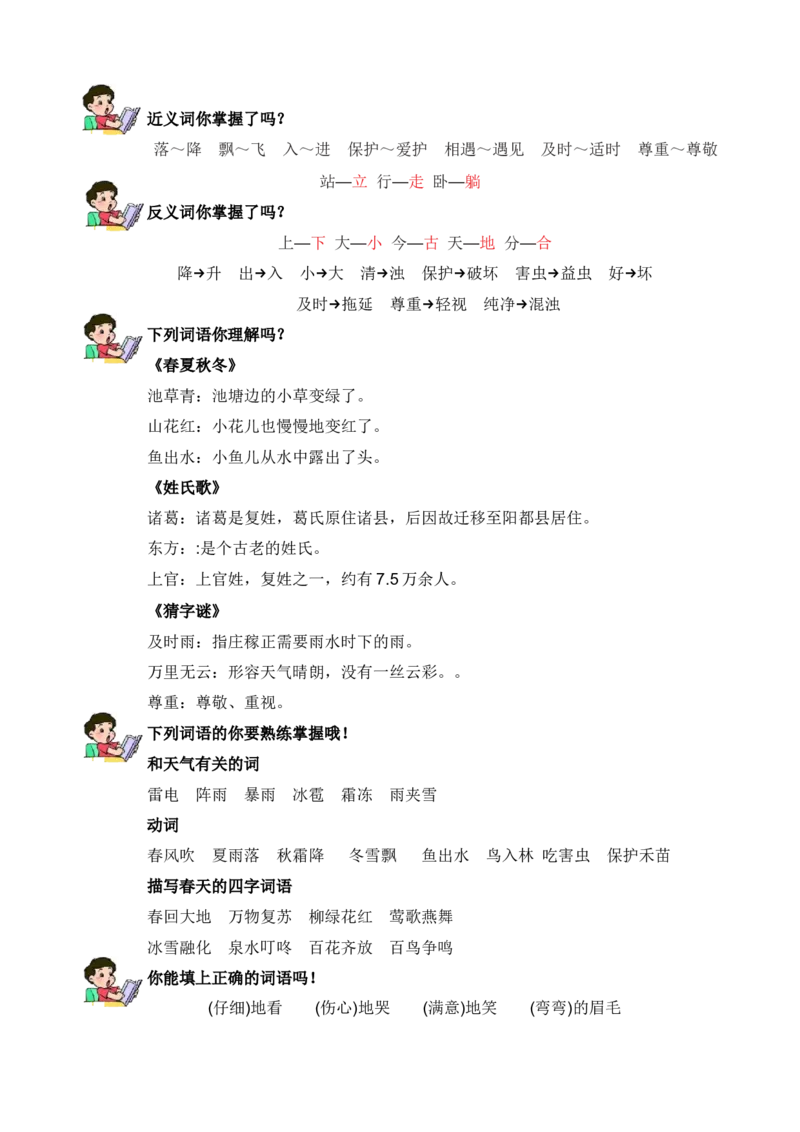 第一单元知识清单语文一年级下册（统编版）_一年级语文下册（统编版）_单元知识复习专项_2024版