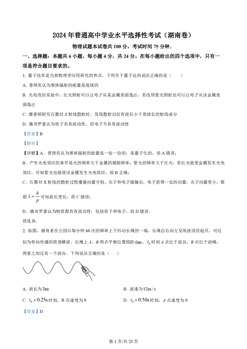 2024年高考物理试卷（湖南）（解析卷）_物理历年高考真题_新&middot;PDF版2008-2025&middot;高考物理真题_物理（按年份分类）2008-2025_2024&middot;高考物理真题