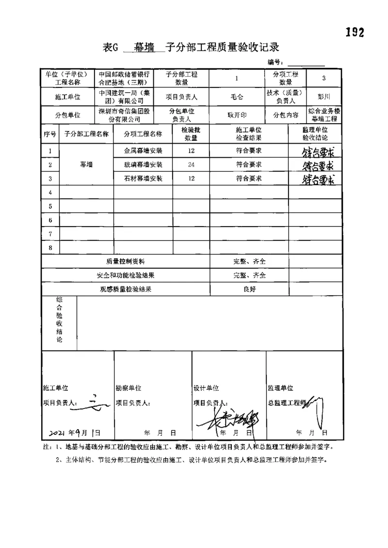 综合业务楼-分部子分部验收记录_2021-2023年优秀施组方案_施工组织设计_施组18-中国邮政储蓄银行合肥基地（三期）施工组织设计_3-单位工程、分部工程验收记录