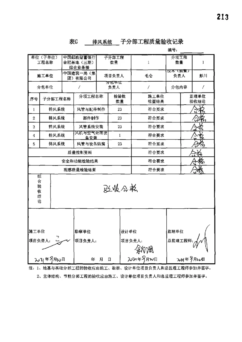 综合业务楼-分部子分部验收记录_2021-2023年优秀施组方案_施工组织设计_施组18-中国邮政储蓄银行合肥基地（三期）施工组织设计_3-单位工程、分部工程验收记录