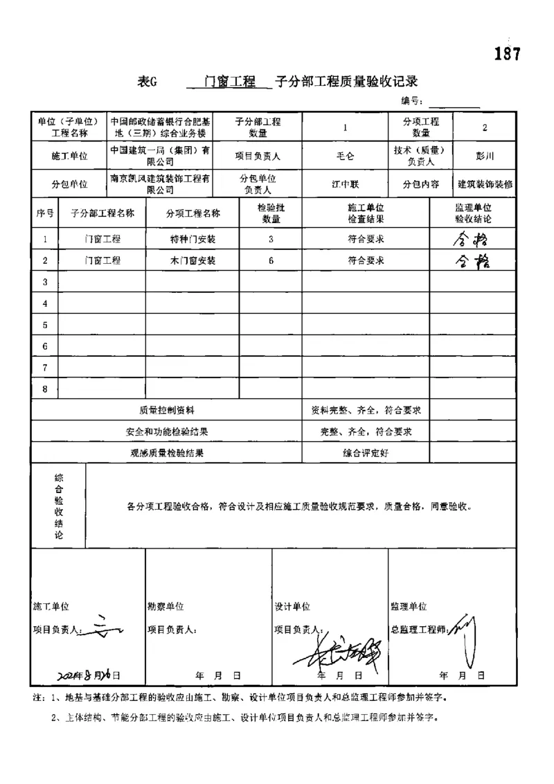 综合业务楼-分部子分部验收记录_2021-2023年优秀施组方案_施工组织设计_施组18-中国邮政储蓄银行合肥基地（三期）施工组织设计_3-单位工程、分部工程验收记录