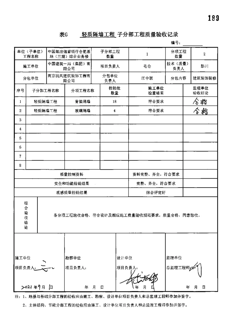 综合业务楼-分部子分部验收记录_2021-2023年优秀施组方案_施工组织设计_施组18-中国邮政储蓄银行合肥基地（三期）施工组织设计_3-单位工程、分部工程验收记录