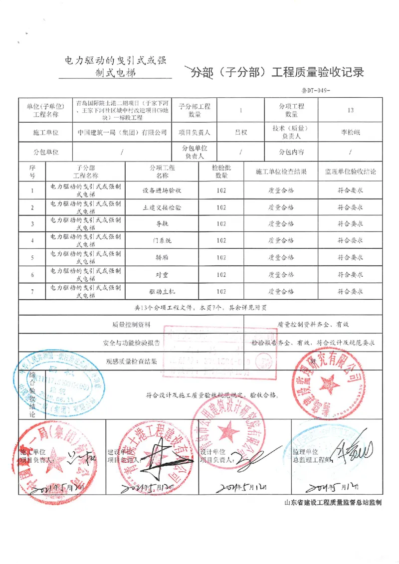 电梯分部_2021-2023年优秀施组方案_施工组织设计_施组02-青岛国际院士港二期项目一标段施工组织设计_2、质量竣工验收记录_分部