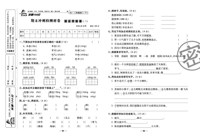 《冲刺100分试卷》语文2年级下册（RJ）_二年级上下册资料_小学二年级学习资料-25年更新版_2-02、小学二年级语文下册_2-2-2、练习题、作业、试题、试卷_电子册类