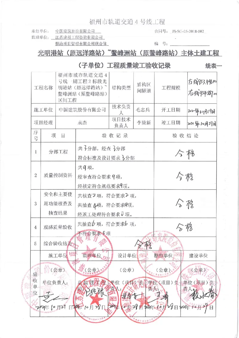 子单位工程质量竣工验收记录_2021-2023年优秀施组方案_施工方案_方案16-福州市城市轨道交通4号线一期工程第2标段土建8工区&mdash;光明港站~鳌峰洲站区间联络通道及泵房冻结法施工方案