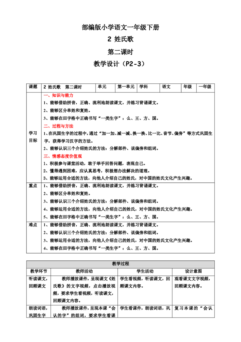 识字2姓氏歌第2课时教案_一年级语文下册（统编版）_老课标资料_教案反思+导学案_表格式_6版表格教案（带三维目标）_第1单元