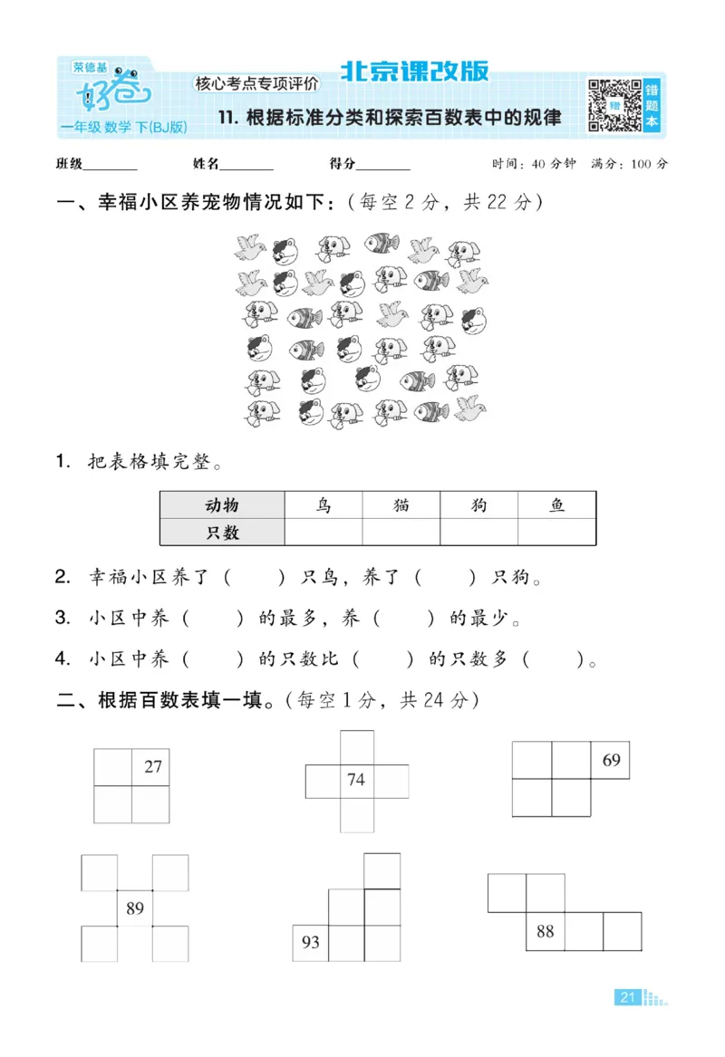 《好卷》数学试卷-数学1年级下册（BJ）_一年级上下册资料_小学一年级学习资料-25年更新版_1-04、小学一年级数学下册_1-4-2、练习题、作业、试题、试卷_北京课改版_电子册类