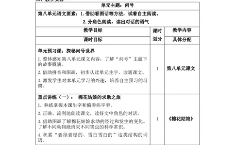 第八单元（教学计划）（统编版.2024）_一年级语文下册（统编版）_单元知识复习专项