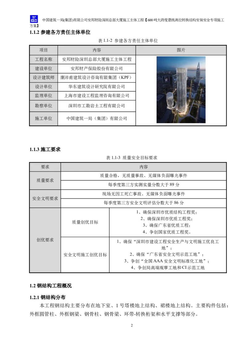 安邦财险深圳总部大厦施工主体工程600吨大跨度悬挑高位转换结构安装安全专项施工方案_2021-2023年优秀施组方案_施工方案_1-钢结构安装专项施工方案正文