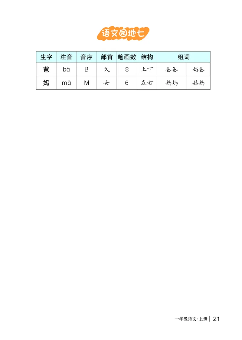 语文园地七_一年级语文上册（统编版）_全套教学资源_课件教案等等_2.状元语文笔记（生字预习单&middot;教用）