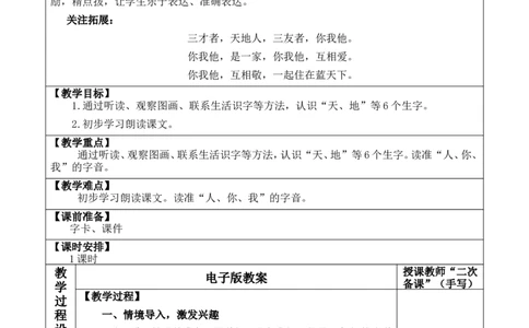 识字1天地人优质版教案_一年级语文上册（统编版）_全套教学资源_课件+教案_1.第一单元_识字1天地人_教案