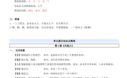 第一单元（知识清单）-（统编版&middot;2024秋）_一年级语文上册（统编版）_期末总复习