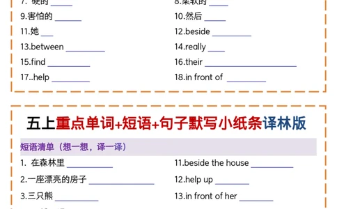 五年级（上）英语重点单词+短语+句子默写小纸条《译林版》(8)