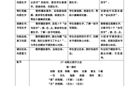 课文17动物王国开大会第1课时教案_一年级语文下册（统编版）_老课标资料_教案反思+导学案_表格式_6版表格教案（带三维目标）_第7单元