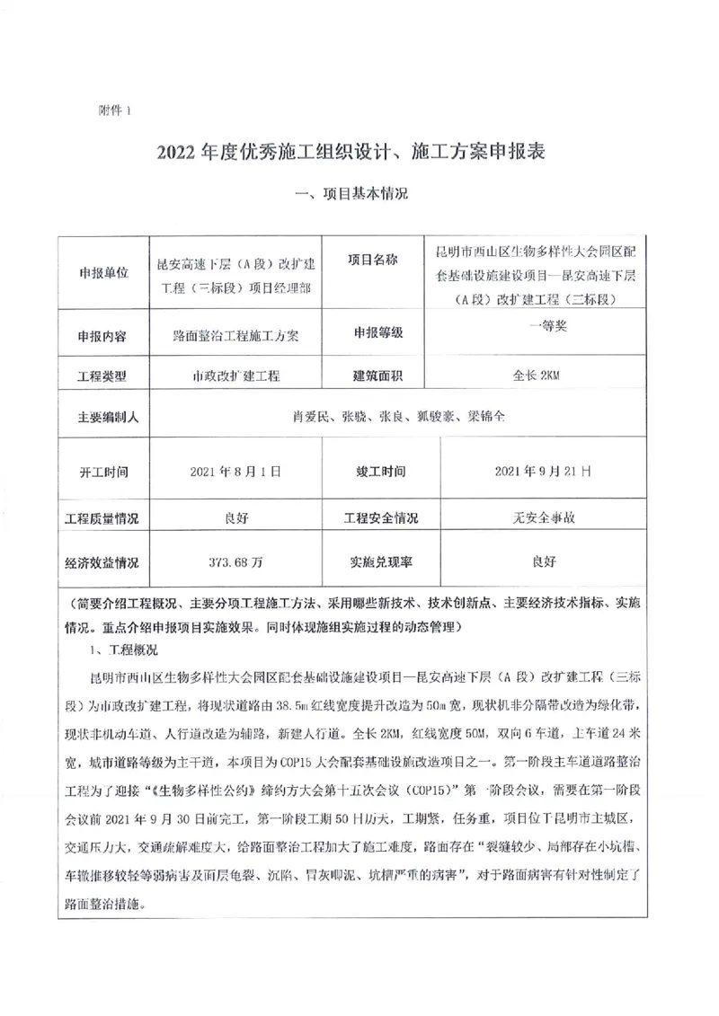 申报表签字盖章扫描件&mdash;&mdash;路面整治工程施工方案_2021-2023年优秀施组方案_施工方案_方案30-昆安高速路面整治方案_02申报表