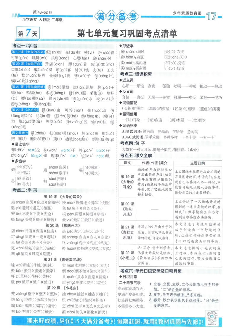 《少年素质教育报15天满分备考》24春语文2年级下册（RJ）_二年级上下册资料_小学二年级学习资料-25年更新版_2-02、小学二年级语文下册_2-2-2、练习题、作业、试题、试卷_电子册类