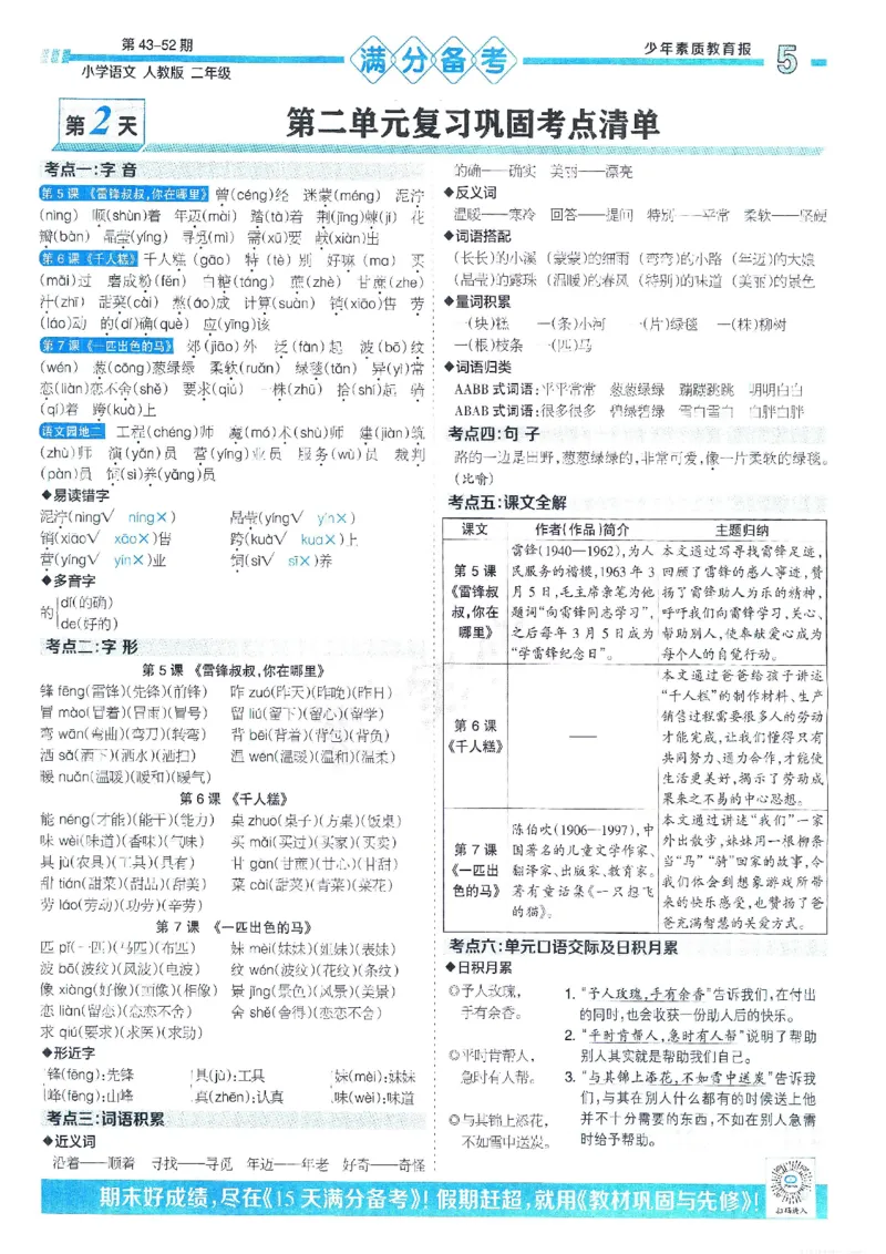 《少年素质教育报15天满分备考》24春语文2年级下册（RJ）_二年级上下册资料_小学二年级学习资料-25年更新版_2-02、小学二年级语文下册_2-2-2、练习题、作业、试题、试卷_电子册类