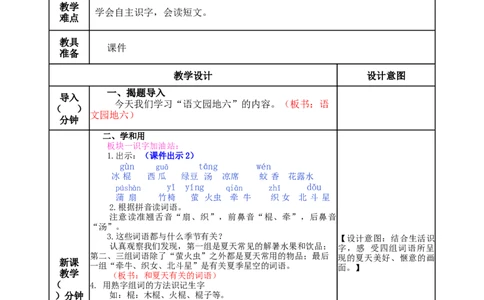 语文园地六-教案_一年级语文下册（统编版）_老课标资料_教案反思+导学案_表格式_5版表格式教案
