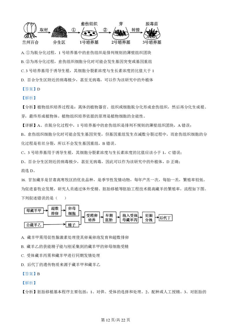 2024年高考生物试卷（甘肃）（解析卷）_生物历年高考真题_新&middot;PDF版2008-2025&middot;高考生物真题_生物（按年份分类）2008-2025_2024&middot;高考生物真题