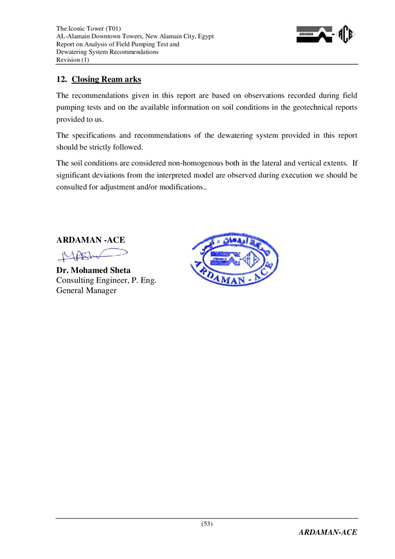 附件2：AlamainTowersT01-ReportonAnalysisofPumpingandDewateringSystemRecommendations（降水设计）_2021-2023年优秀施组方案_施工方案_埃及阿拉曼标志塔项目-基坑土方开挖及降水工程专项施工方案