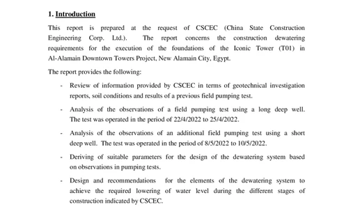 附件2：AlamainTowersT01-ReportonAnalysisofPumpingandDewateringSystemRecommendations（降水设计）_2021-2023年优秀施组方案_施工方案_埃及阿拉曼标志塔项目-基坑土方开挖及降水工程专项施工方案