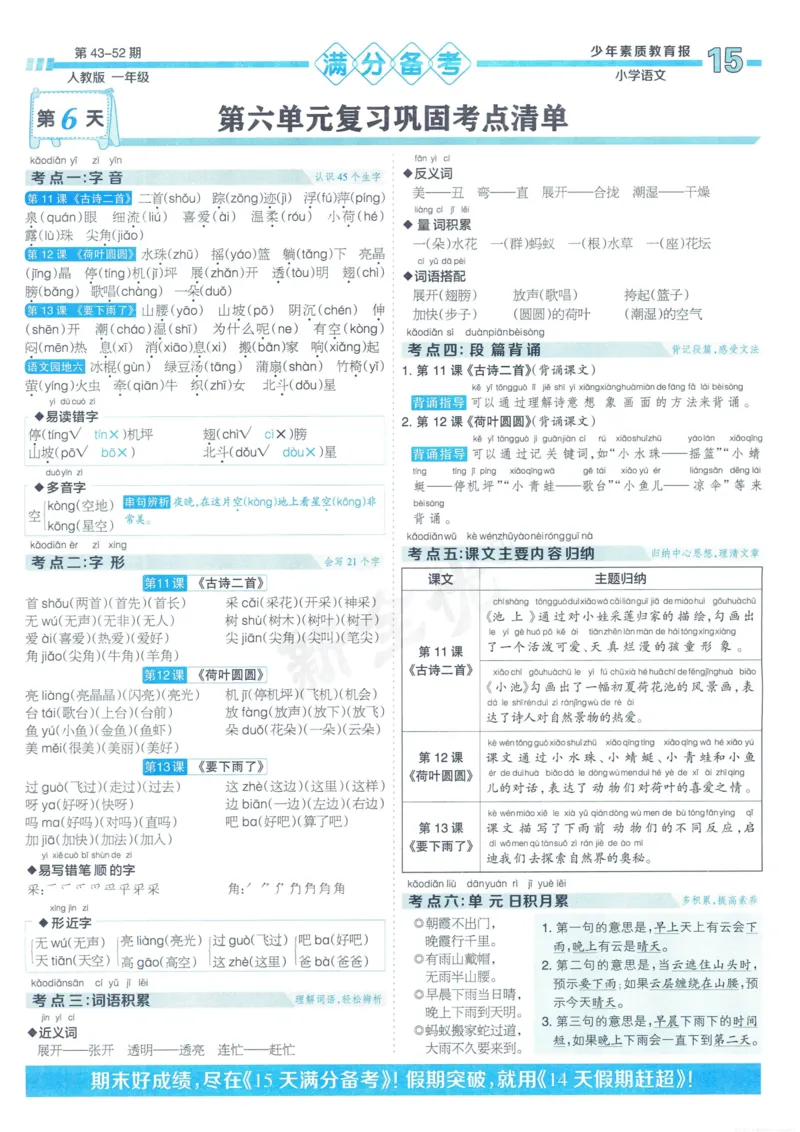 《少年素质教育报15天满分备考》24春语文1年级下册（RJ）_一年级上下册资料_小学一年级学习资料-25年更新版_1-02、小学一年级语文下册_3-6-2-2、练习题、作业、专项、试卷_部编（人教）版