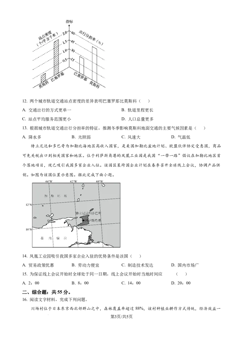 2024年高考地理试卷（重庆）（空白卷）_地理历年高考真题_新&middot;Word版2008-2025&middot;高考地理真题_地理（按年份分类）2008-2025_2024&middot;地理高考真题