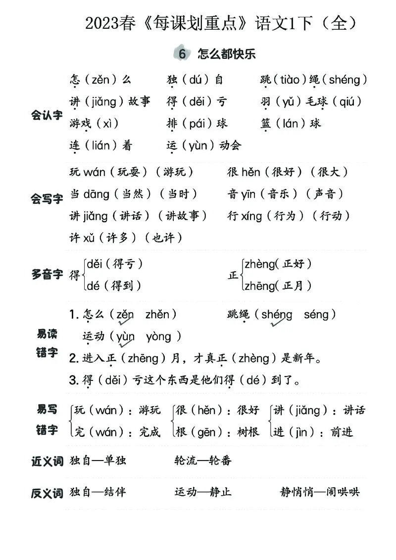 《名师每课划重点》23春语文1年级下册（RJ）_一年级上下册资料_小学一年级学习资料-25年更新版_1-02、小学一年级语文下册_3-6-2-2、练习题、作业、专项、试卷_部编（人教）版_电子册类