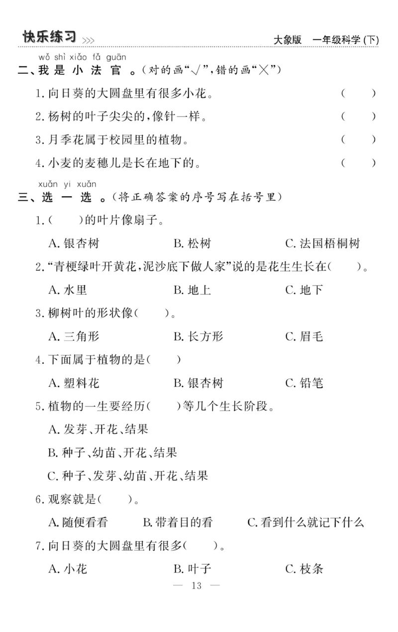 《快乐练习》科学1年级下册（大象版）_一年级上下册资料_小学一年级学习资料-25年更新版_1-10、小学一年级科学下册_大象版
