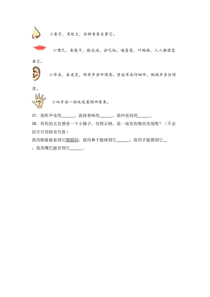 识字3口耳目手足同步分层作业-（统编版&middot;2024秋）_一年级语文上册（统编版）_同步练习