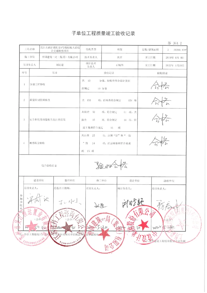 子单位工程质量竣工验收记录_2021-2023年优秀施组方案_施工方案_方案04-苏州吴江松陵大道综合交通枢纽项目-地上钢桁架吊装方案_附件2：验收文件