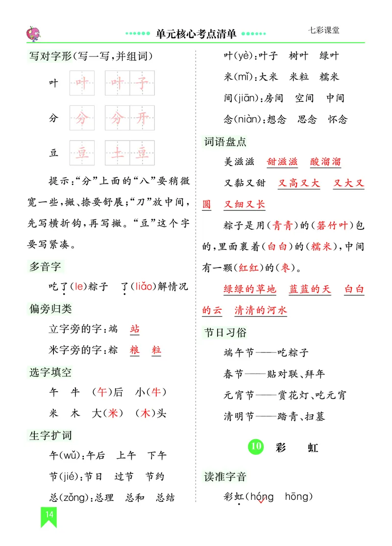 第四单元核心考点清单_一年级语文下册（统编版）_老课标资料_一年级下册全套课件资料_4.第四单元_单元复习_第四单元知识小结