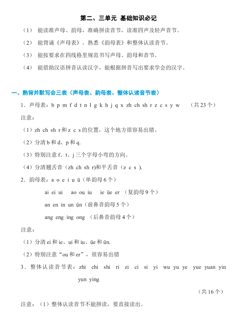 第二、三单元知识必记_一年级语文上册（统编版）_老课标资料_知识总结_单元考点必记